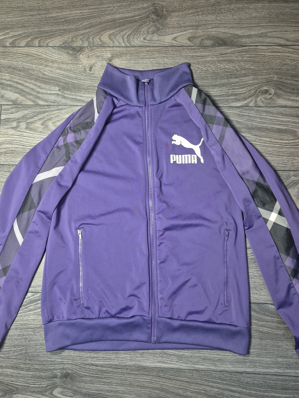 Vintage Puma Purple Zip-Up Track Jacket with Plaid Sleeve Panels